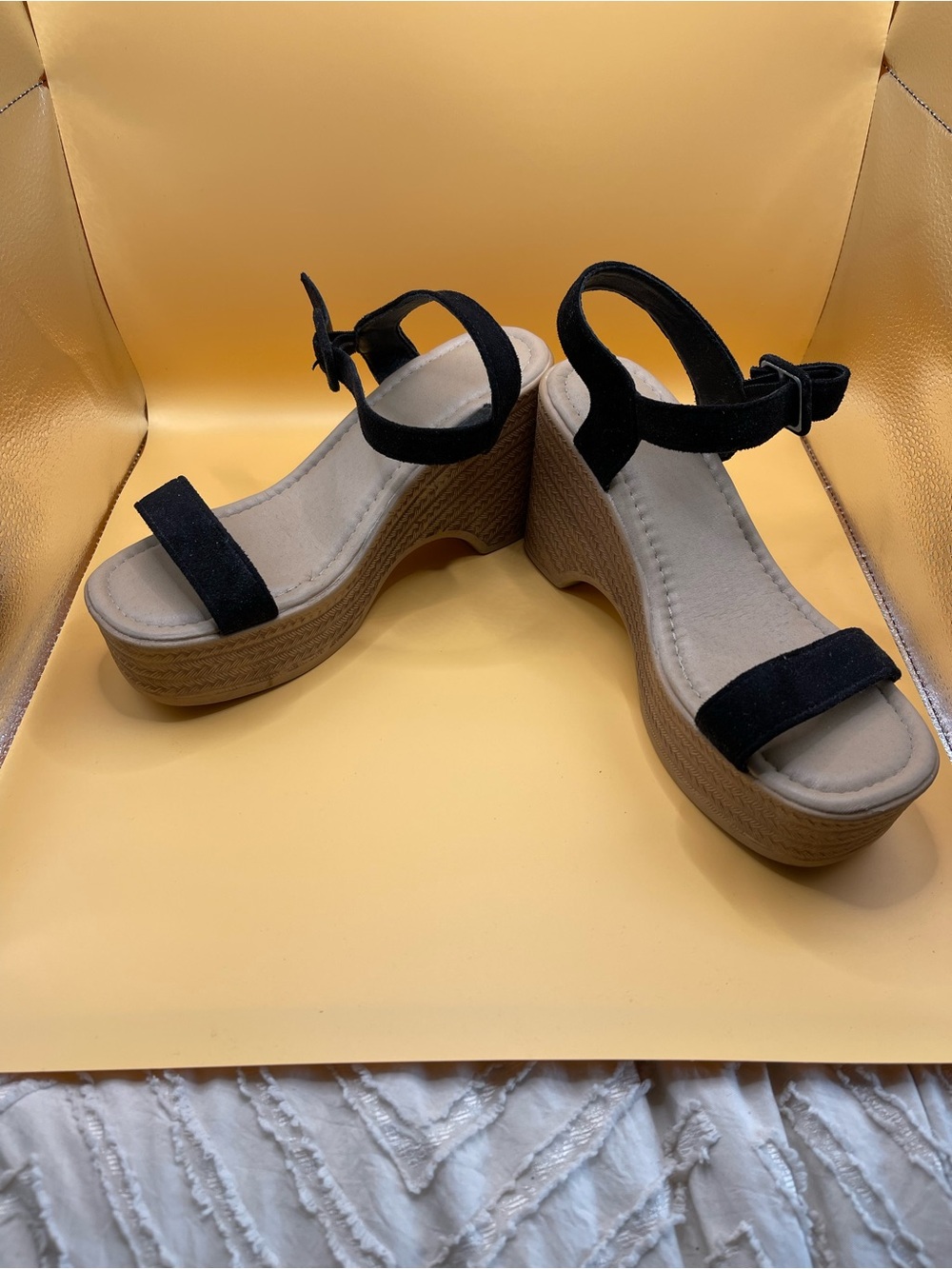 Women's Black Suede Ankle-Strap Wedge Sandals